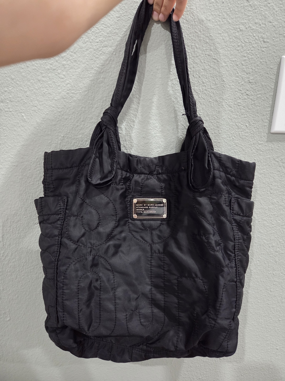 Marc by Marc Jacobs Black Quilted Nylon Tote with Knotted Handles and Logo Patch